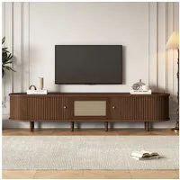 Merax Lowboard Ovaler TV-Schrank mit goldenen Griffen & Rattan-Design in Walnuss (1 St., 180x40x40 cm), TV-Lowboard mit Schublade Schiebetüren & verstellbaren Massivholzfüßen