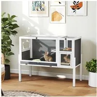 PawHut Kleintierstall Kaninchenstall aus Holz mit Rampe, Eingängen, Ruheraum, für Zwergkaninchen und Meerschweinchen, Grau