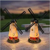 Haushalt International LED Solarleuchte, LED-Leuchtmittel fest verbaut, Warmweiß, LED Solar Außen Leuchte Garten Windmühle Vorgarten 2er Set