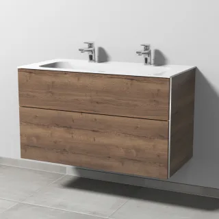 Sanipa 3way Keramik-Set Finion Keramik-Doppelwaschtisch und Unterbau mit 2 Auszügen, Eiche-Tabak BR40350