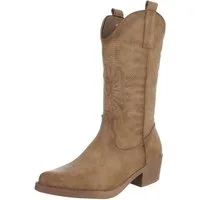Ital-Design Damen Kniehohe Western-Stiefel mit Stickerei und Blockabsatz Westernstiefel (89938060) Blockabsatz Stiefel in Hellbraun