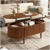 Merax Couchtisch anhebbarer Sofatisch oval Beistelltisch mit Liftfunktion & Holzoptik (100 x 48 x 54,5 cm, 1-St), Wohnzimmertisch mit verstecktem Stauraum, 3 Ablagefächern & Holzbeinen