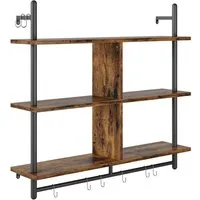 Bestier Wandregal Schweberegale, Küchenregal, Wandmontage, 3 Etagen – 105 x 96 x 23.8 cm, Vintage Holzregal 8-tlg., mit 8 Haken für Küche, Bad, Schlafzimmer