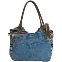 Sunsa Handtasche Schultertasche aus recycelter Jeans Shopper Umhängetasche, echt Leder, Upcycling Jeans, abnehmbare Henkel