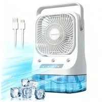 MOPUEA Ventilatorkombigerät 4-in-1 Mini Klimagerät mit Sprühnebel mit 900ml Tank & 7 Farben Licht, 3 Windstufen, 3 Sprühmodi, 7 Farben, Timer