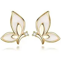 Runde Perlé Paar Ohrstecker zarte Beige Perlmutt Ohrstecker Schmetterlinge, 925er Silber, 18K Gold, Emaille (inkl. Geschenkverpackung)