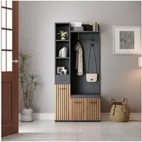 Merax Garderoben-Set 7-in-1 Kompaktgarderobe Flurmöbel in Schwarz-Holz, (Garderobenkombination Möbelset, 1-St., 80x35x175 cm), Sitzbank Schränken Schublade Ablagefächer Kleiderhaken Wäscheständer