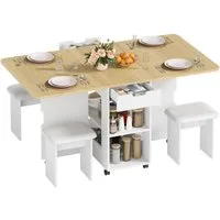 Mondeer Essgruppe Esstisch mit 4 Polsterhocker, Platzsparender Drop-Leaf-Tisch mit 2 Schubladen & Rollen