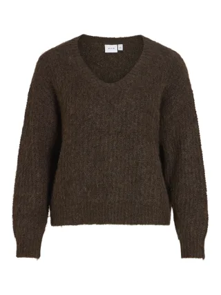 VILA - VILAMPE V-NECK L/S KNIT TOP-NOOS Coffee Bean - Gr. - M