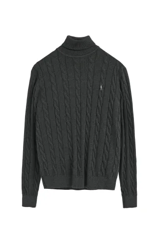 Rollkragenpullover dunkelgrau meliert aus Wollgemisch mit gestricktem Zopfmuster und gesticktem Rigby Go-Logo