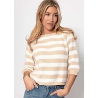 SASSYCLASSY Strickpullover Baumwoll-Pullover mit 3/4-Ärmeln für Damen Gerader Strickpullover mit Streifenmuster und Rundhalsausschnitt