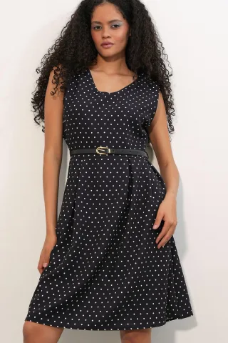 Punktedot-Umlegegürtel-Midi-A-Linien-Kleid
