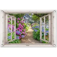 OnlyWow Poster für Garten Hortensie - Durchsichtig - Blumen - Sommer - Lila - Weg, Gartenposter, Outdoor Bilder, Gartendekoration Bild, 60x40 cm
