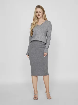 VILA - VIRIL V-NECK L/S KNIT TOP - NOOS medium grey melange - Gr. - S