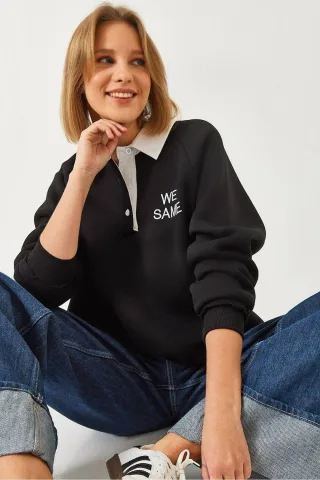 Besticktes Polo-Kragen Langarm-Sweatshirt