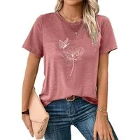PYLIKE T-Shirt Bequemes Shirt Damen Kurzarm Sommer Basic-Shirt mit Blumen Print Bequem für Freizeit und Büro,Strandurlaub