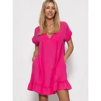 SASSYCLASSY Minikleid Musselin Kleid Damen Sommer Elegant V-Ausschnitt Leichtes Kleid kurzarm aus Baumwolle mit Volants Schwarz Gelb Pink