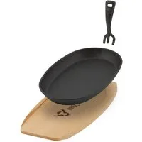 BBQ-Toro Servierpfanne Gusseisen Servierpfännchen mit Holzbrett, 27 x 18 cm - oval, schwarz, Gusseisen (3-tlg)