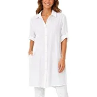 dy_mode Longbluse Damen Leinen Longbluse Sommer Hemdbluse Blusenkleid Luftige Tunika in Unifarbe, mit Knopfleiste