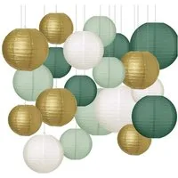 AIMAX Papierlaterne Grün Gold Weiß Lampion Lampe Laterne 20 Stück, Papierlaternen Lampenschirm, Wiederverwendbar, outdoor, party deko