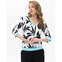 Passioni Strickpullover mit Blumen Details und 3/4 -Ärmel Strickshirt mit schwarzem Floralen Muster und Türkisen Streifen