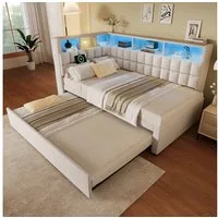 OKWISH Polsterbett Bett 90x200 cm mit Ausziehbett, LED und Ladeanschlüssen, Beige (Funktionsbett, 1-tlg., L-Kopfteil mit Stauraumregal, Schlafsofa/Gästebett), mit LED-Beleuchtung & USB/Type-C Ladestation