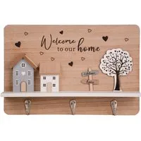 UNUS HOME Wanddekoobjekt Schlüsselhalter Schlüsselbrett (naturfarben), Liebevolles Holzdesign, 3 Haken, „Welcome to our Home“-Motiv, robust.
