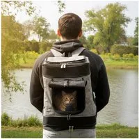 belviona Rucksack für Katzen bis 10 kg, mit Regenschutz, grau/schwarz (1-tlg), mit Belüftung, Trinkflaschenfach & Regenschutz