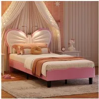 PXloue Polsterbett LED Beleuchtung Kinderbett Einzelbett Schleife am Kopfteil 90x200cm, Leselampe, Lattenrost, Samt, 90x200cm