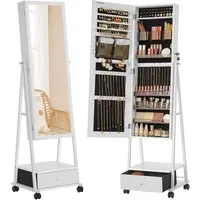 SONGMICS Schmuckschrank Ganzkörperspiegel, Spiegelschrank, Schmuckorganizer, 41,5x37x152,5 cm abschließbarer, mit Schublade, Rollen, Geschenkidee, weiß