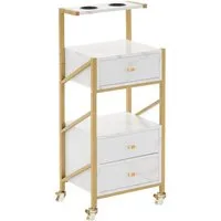 MCombo Servierwagen M MCombo Friseurwagen mit 3 Schubladen, Servierwagen, Rollwagen, 0048, mit Ablagen, Föhnhalter, Salon Trolley, Weiß-Gold