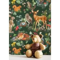 Newroom Vliestapete Greta Green Tapete Kindertapete Tiere,Blätter,Wald, Grün Tapete Kinder Tiere - Kindertapete Jugendtapete Braun Verspielt Blätter Wald für Kinderzimmer Jugendzimmer Babyzimmer, Jugendtapete