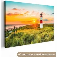 OneMillionCanvasses® Leinwandbild Leuchtturm - Natur - Sonne - Landschaft - Strand - Meer, Fotodruck (1 St), Leinwand Bilder Klein, Wand Dekoration Aesthetic 30x20 cm