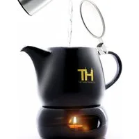 Thiru Teekanne mit Stövchen Porzellan, inkl. Edelstahl Siebeinsatz, 1.2 l, (Hitzebeständiges Porzellan aus Handarbeit), Innovative Mundform für leichtes Ausschenken