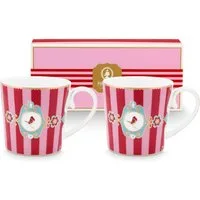 PiP Studio Becher Love Birds Medallion Stripes Red-Pink Henkelbecher Small 0,15l Set2, Porzellan