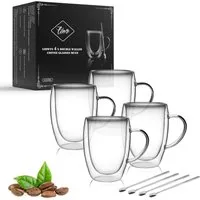 LIBWYS Thermotasse Doppelwandige Kaffeetassen aus Glas 4x350 ml mit Griff und Löffel, Glas, Doppelwandige Kaffeetassen aus Glas mit Griff und Löffeln im Set