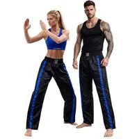 BAY-Sports Sporthose Kickboxhose NETZ-MESH Mesh Netzeinsatz Hose lang Kickboxen Kampfsport lange, leichte, locker sitzende Trainingshose, Schwarz/Blau