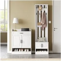 Merax Garderoben-Set Garderobenset 2-teilig, (1-St., mit Schuhbank & Schuhschrank, 8 Haken, 4 Türen, 1 Schublade), Wandgarderobe, Flurmöbel, 125×36×190 cm, Weiß