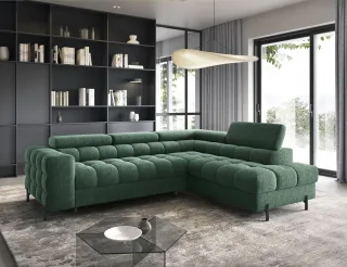 Ecksofa mit Schlaffunktion Sofa AMARA Stoff Aphrodite Dunkelgrün Ottomane Rechts