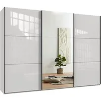luma-home Schwebetürenschrank 22039 (3-türiger Kleiderschrank B300/H216/T65 cm mit Vollausstattung als optimale Stauraumlösung) Weiß mit Glasfront, Spiegeltür und schwarzen Griffleisten