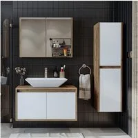 Roomart Badmöbel-Set ATLANTIC – Unterschrank, Waschbecken, Spiegelschrank & Hochschrank, (Badmöbel Set ATLANTIC 85 cm in 4 Farben Unterschrank mit Waschbecken)