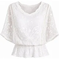 ITALY VIBES Spitzenbluse - Damen Spitzenbluse mit Lochstickerei, Boho Sommerbluse, Kurzarm ONE SIZE, passend für Größe XS bis L