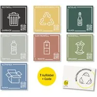 Frank Paperman Hinweisschild 7x Aufkleber Mülltrennung, selbstklebend, 6x6 cm, Recycling Müllsystem, 90 µm Haftfolie, rückseitig geschlitzt, QR-Code zum Mülltrennguide