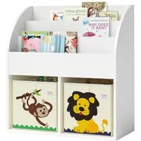 Bellabino Kinderregal Koro mit offenen Fächern, weiß, Bücherregal, Spielzeugaufbewahrung, 3 Fächer für Bücher, 2 Fächer für Faltboxen Affe/Löwe