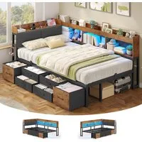 MSMASK Daybett Tagesbett Schlafsofa mit LED-Beleuchtung & Ladestation, Jugendbett mit 6 Staufächern und 6 Schubladen – Liegefläche 90x200 cm