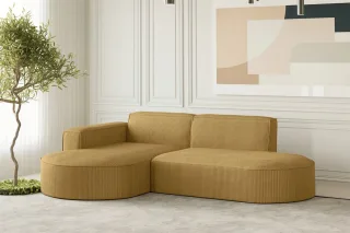 Ecksofa Designersofa PALMA XS in Stoff Scala Senfgelb Ottomane Links