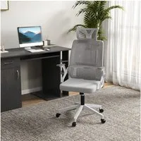 Vinsetto Bürostuhl Ergonomisch, Schreibtischstuhl mit Verstellbar Kopfstütze, Armlehne (Drehstuhl, 1 St), mit Wippfunktion, Lendenstütze, Mesh, Grau