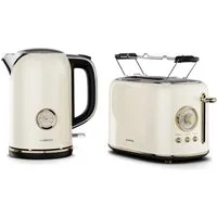 Klarstein Frühstücks-Set Victoria (3-tlg), Toaster mit Brötchenaufsatz 800W Wasserkocher 1,7 L 2200W Creme