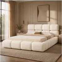 Celya Polsterbett Doppelbett mit Lattenrost und gepolstertes Kopfteil, Weiß Bouclé-Stoff (ohne Matratze, Wolkenbett, Bubble Design)