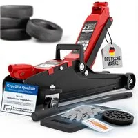 Tarpofix® Wagenheber hydraulisch flach SUV tiefergelegt EN 1494, max. Hubhöhe: 38 cm, Rangierwagenheber mit Rollen, 6-tlg., inkl. Handschuhe & Kniematte, 2,5 t Hub 85-380 mm